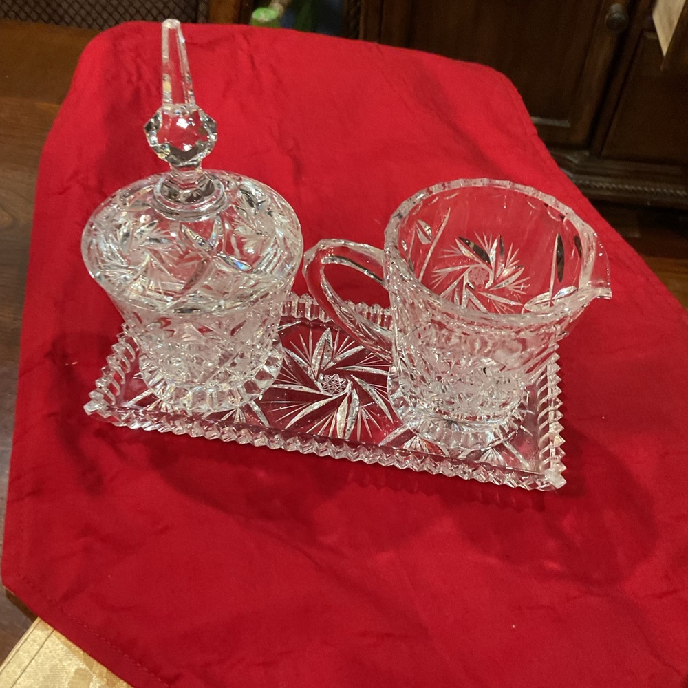 4 Pc Beyer Crystal Star Creamer Lidded Sugar Underplate /Tray VTG West Germany